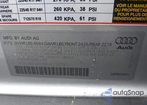 2012 Audi A3 2.0T Premium from USA, damaged, VIN WAUBEAFM3CA110191